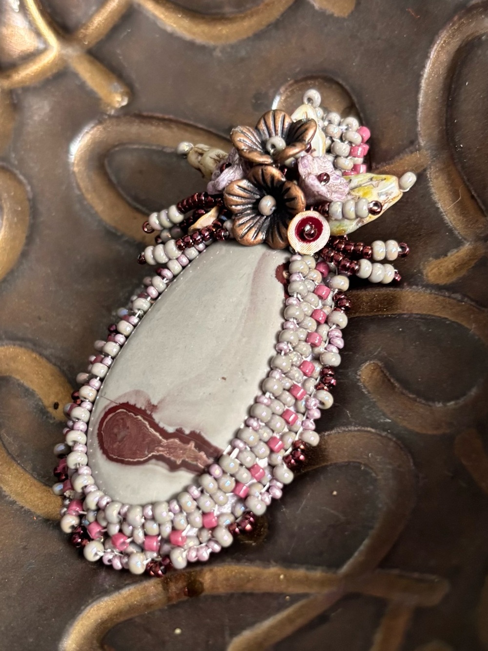 Teardrop Coffee Bean Jasper Hand Bead Embroidered Pendant